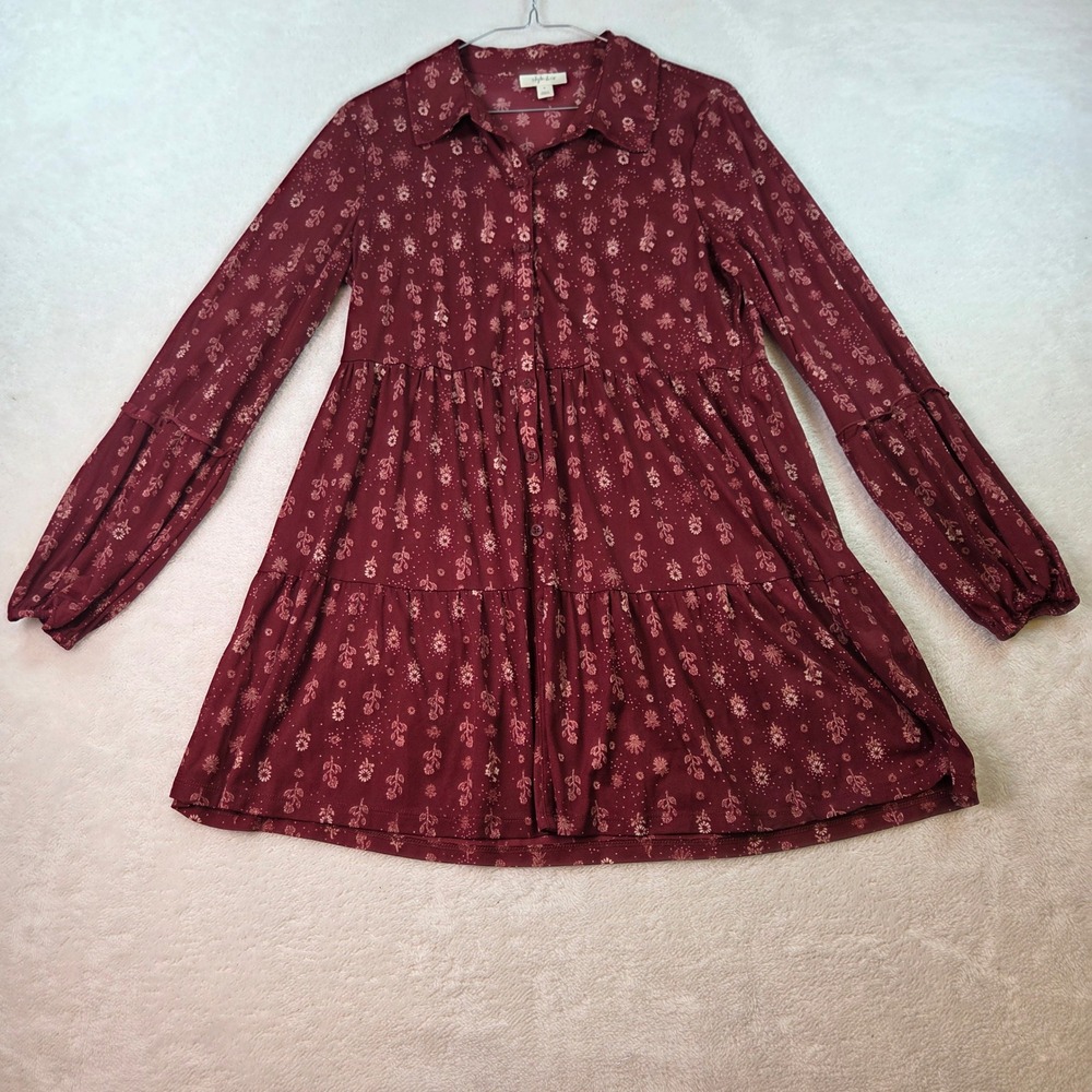 Style & Co Burgundy Floral Tiered Button Down Dress Small Long Sleeve Babydoll